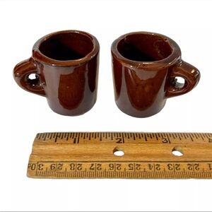 2 Old Vintage Miniature Dollhouse Mugs Brown REDWARE Mini Ceramic Toy Cups